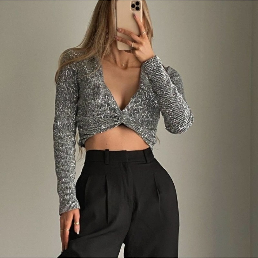 Zara Silver Sequin Knotted Long Sleeve Crop Top XXL